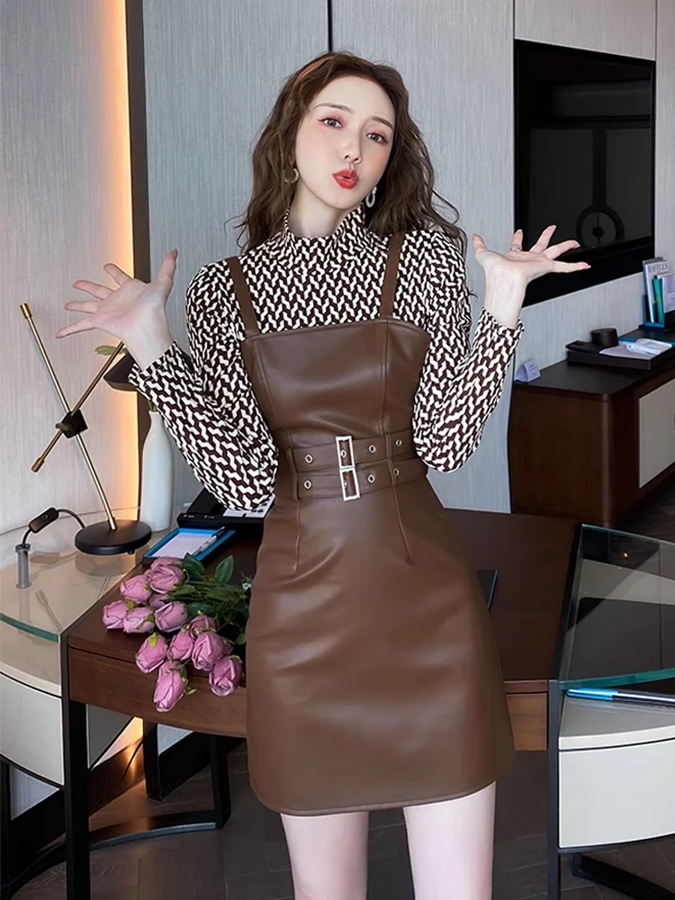 Women Autumn Winter Senior Two Pieces Dress Fashion Temperament Retro Print Blouse Tops+Pu Faux Leather Mini Dress Set 2023 New