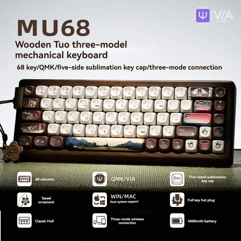 

Беспроводная механическая клавиатура XVX MU68, Bluetooth, ореховое дерево, трехрежимная горячая замена, игровая офисная клавиатура для киберспорта, настройка