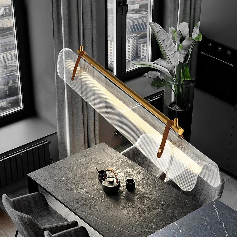 Designer Restaurant Pendent Lamp Modern Simple Tea Room Dining Table Bar Counter One Word Office Leather Long Strip Droplight view 3
