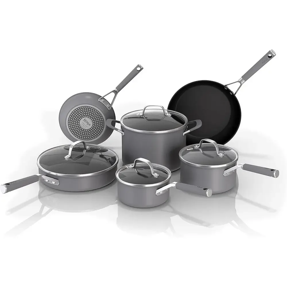 10-Piece Hard-Anodized Nonstick Cookware Set, Durable, Oven Safe to 500°F, Grey