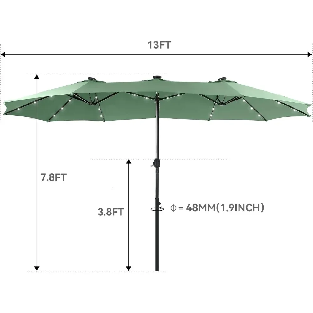 Grande guarda-chuva do pátio, 15 pés com luzes solares e base, manivela, para piscina deck jardim quintal, sombra quadrada ao ar livre