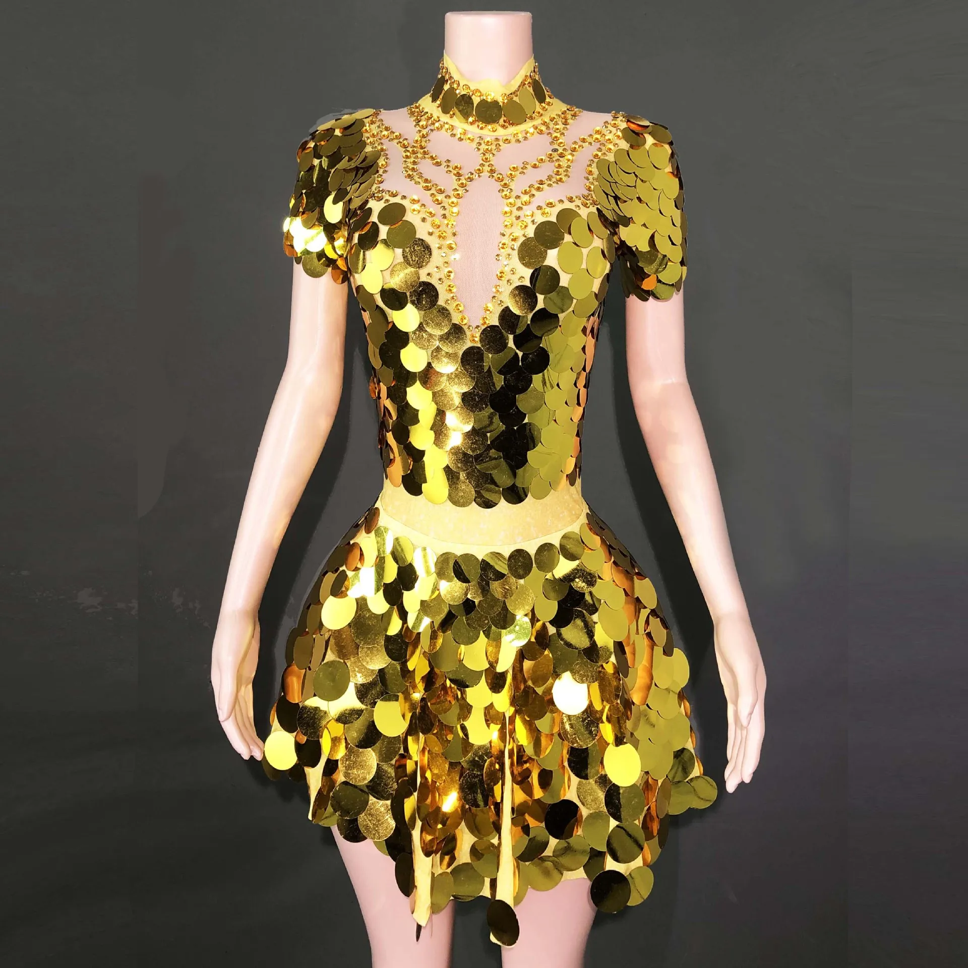 

Handmade Splicing Bead Sequins Short Skirt Stage Clothes Women's Banquet Gold Sexy Performance Outfits Robe Soirée Femme Mariage