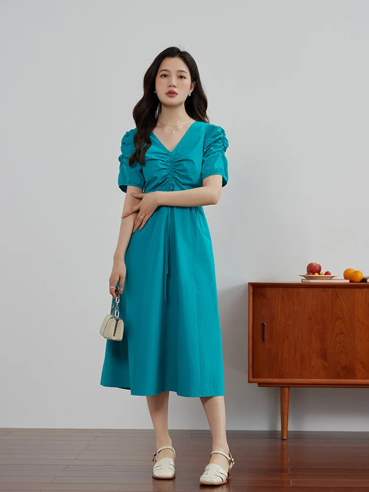 DUSHU French Elegant Waist Shirring V-neck Dress for Women Summer Chic Design Slim A-line Special Color Vintage Dress Female