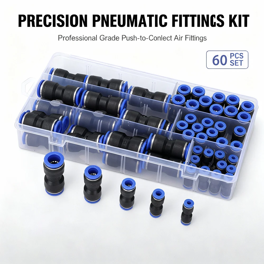 

60PCS Set Air Straight Pneumatic Fittings PU Hose Pipes Push in Quick Release Connector PU-4-6-8mm Plastic Hose Couplings