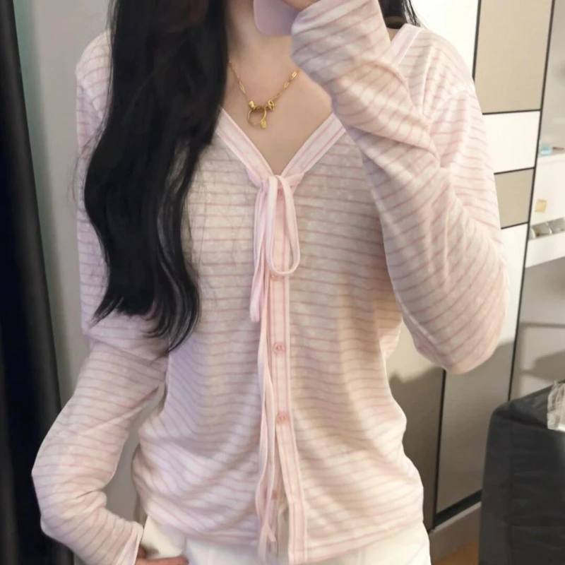 Summer Sun-proof Striped Cardigan Coat Fashion Casual Long Sleeve Slim 2-piece Set Women's Design Sweet Hollow Out Sling Outfits