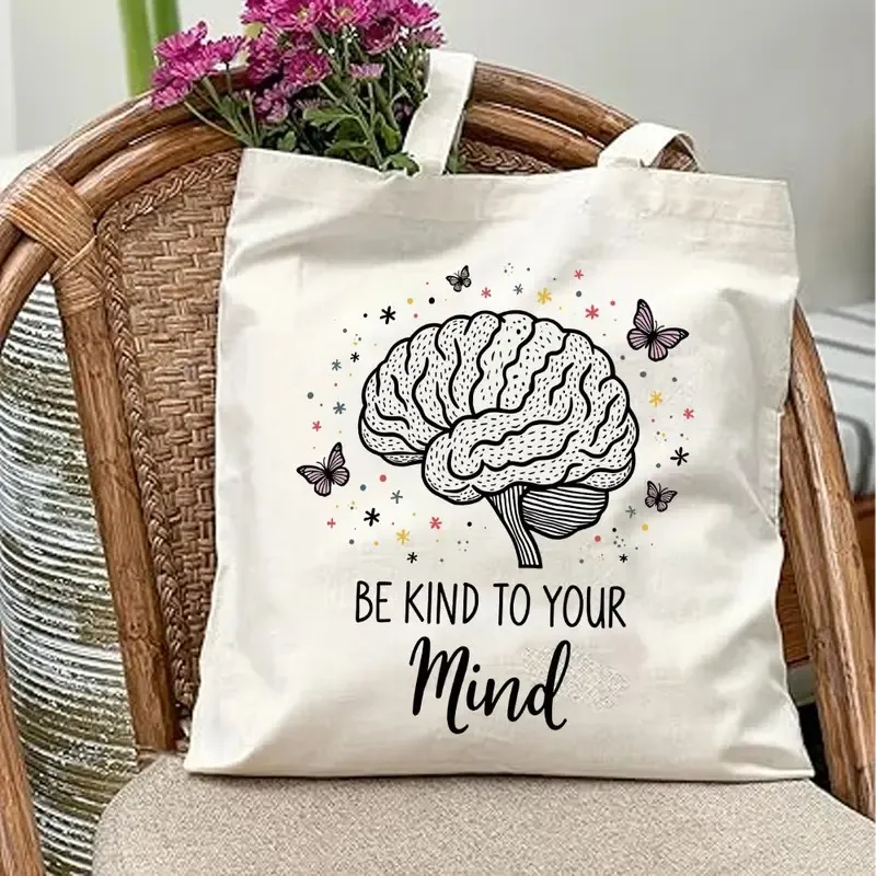 Aesthetic Floral Brain Canvas Tote Bag - Positive Quotes Mental Health Gift Reusable Shoulder Bag, Durable Canvas Handbag