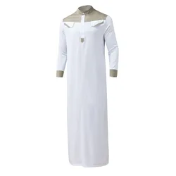 Heren Contrast Kleur Moslim Gewaad Lange Mouw Halve Rits Kaftan Jubba Thobe Casual Islamic Dubai Lange Gewaden Mannelijke Musulmane Gewaden