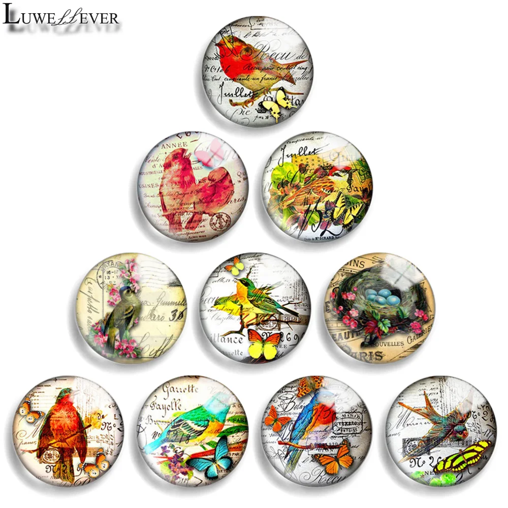 10mm 12mm 20mm 25mm 30mm 40mm 873 Retro Bird Mix Round Glass Cabochon Jewelry Finding 18mm Snap Button Charm Bracelet