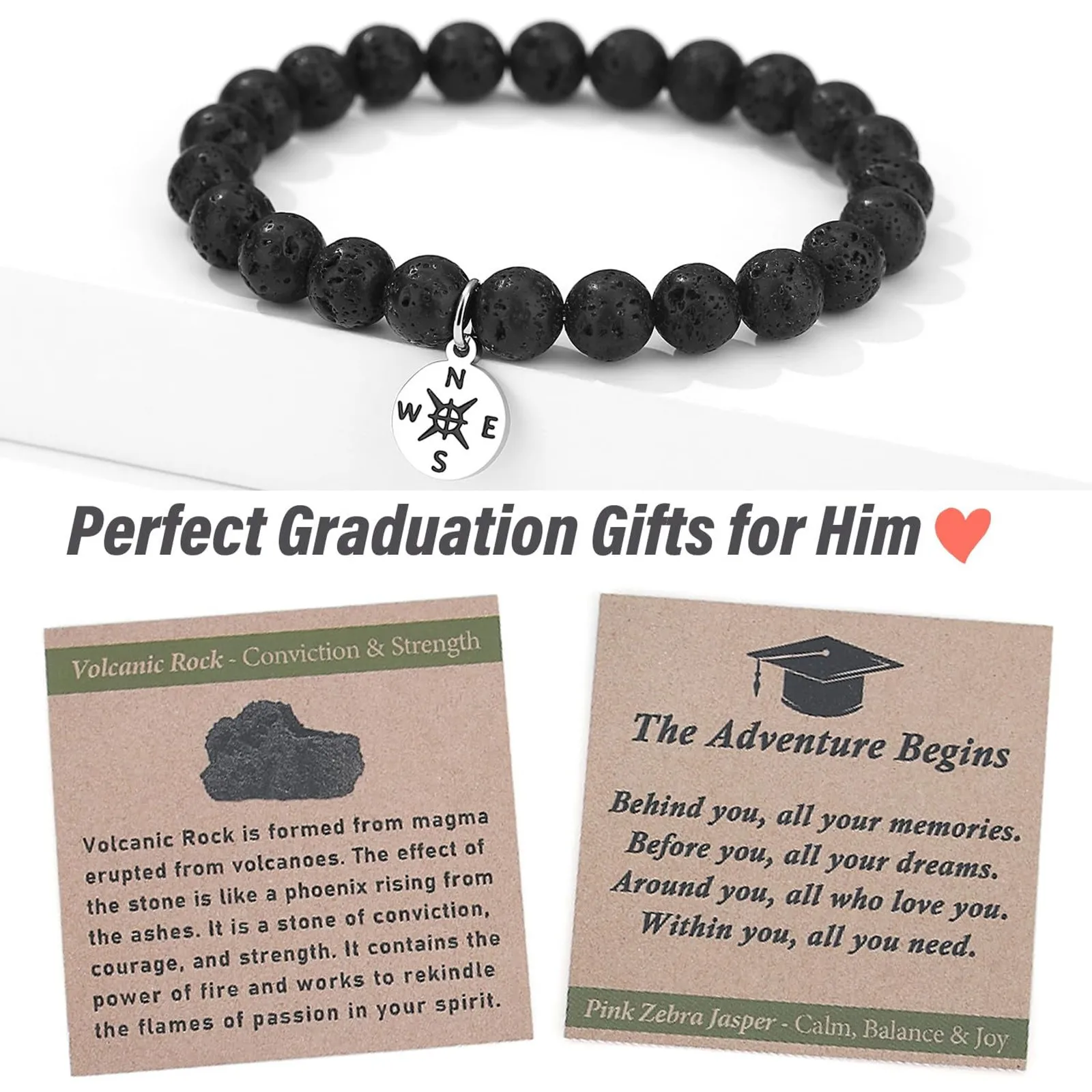 Volcanic Rock Bracelet The Adventure Begins Inspirational Beaded Jewelry Conviction Strength Compass Charm Wristband 2026 T1