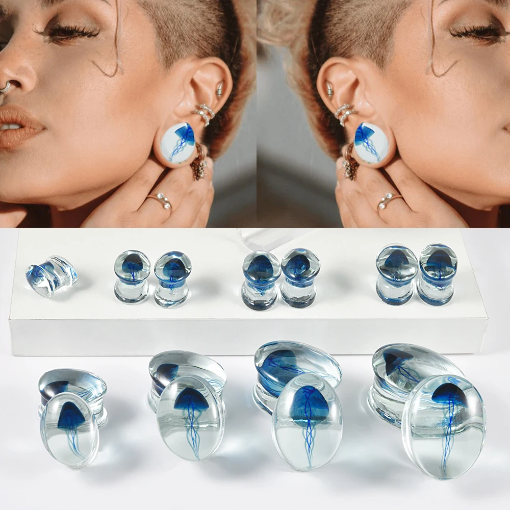 1–2 Stück ovale und transparente Glas-Ohrtunnel-Stecker mit blauen Quallen, Ohrgewicht-Expander, verstärkter, ausgestellter Ohrring, modisch