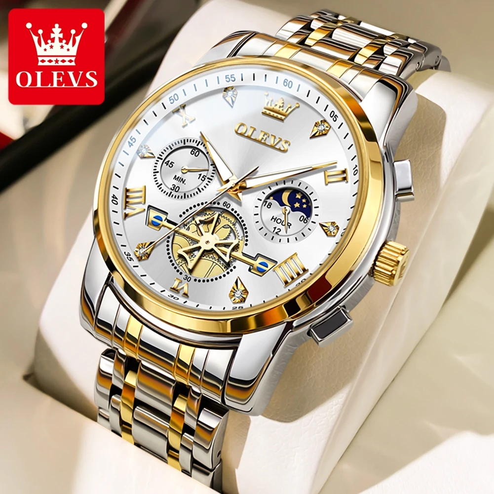 OLEVS Classic Flywheel Men's Watches Multifunctional Chronograph Original Quartz Wristwatch Moon Phase Waterproof Reloj Hombre