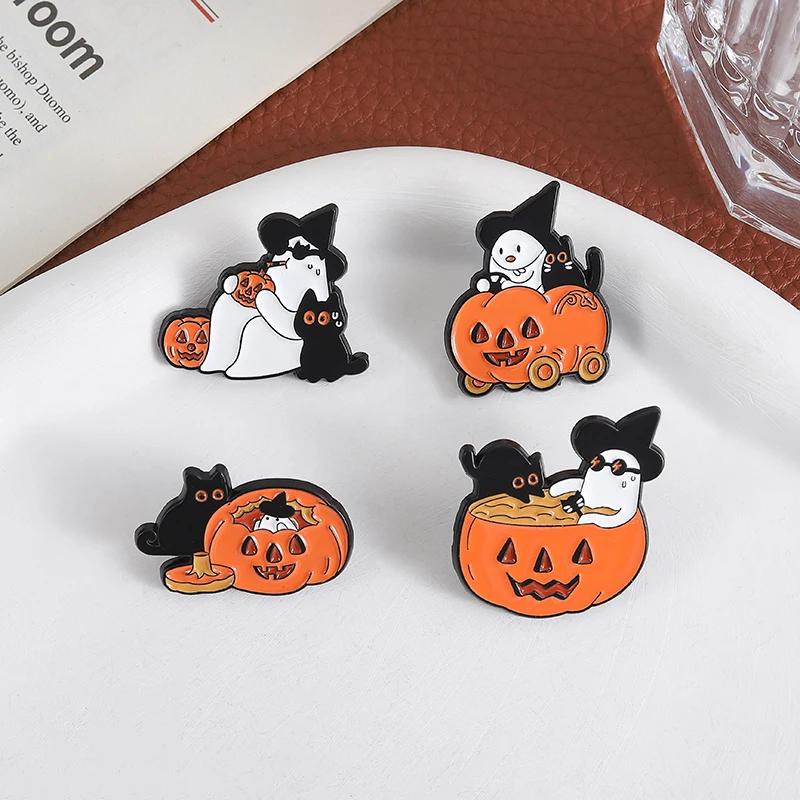 Halloween Vibes Emaille Pins Zwarte Katten Boo Ghost Pompoen Broches Revers Badges Cartoon Herfst Sieraden Cadeau voor Kinderen Vrienden
