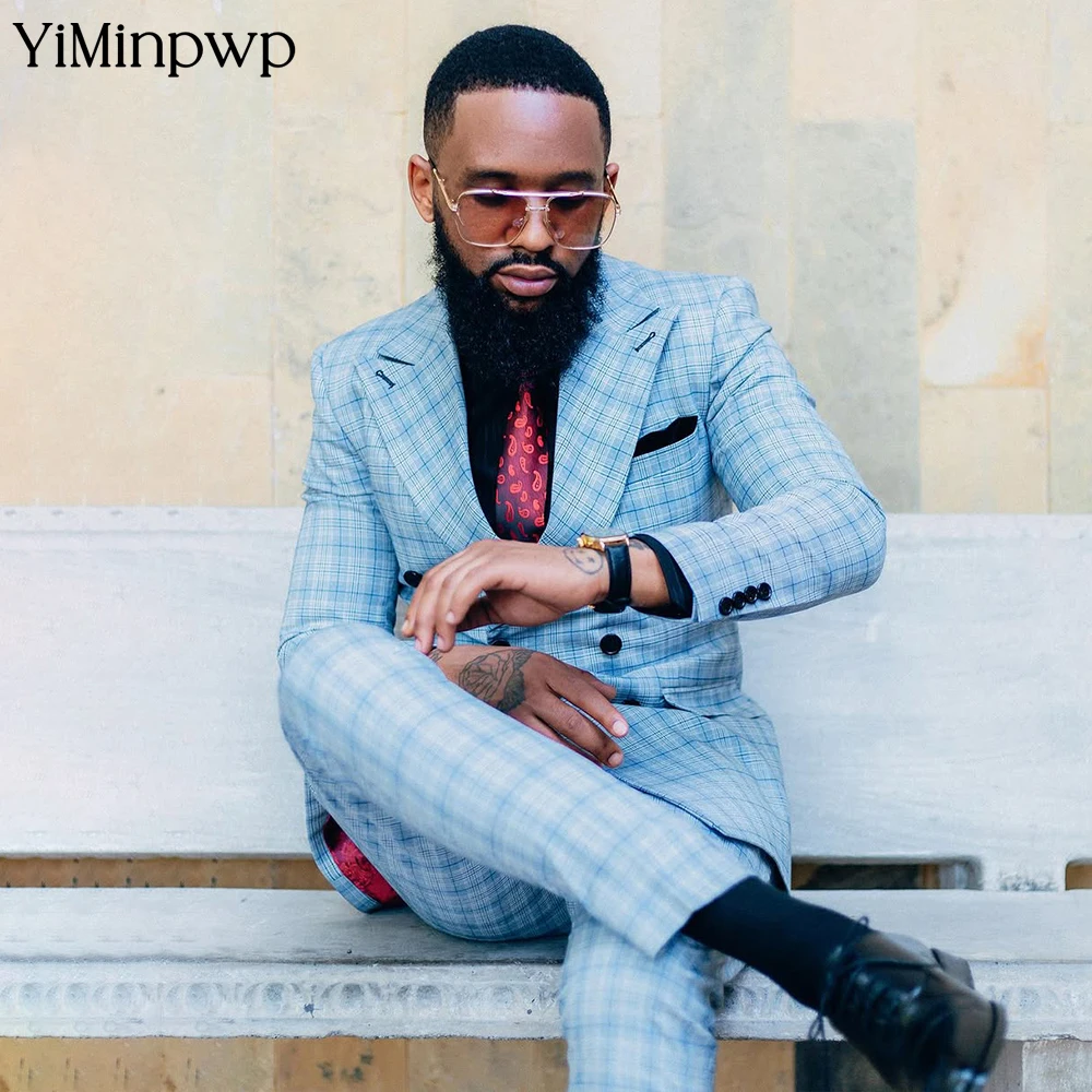 

Blue Plaid Vintage Men 's Suit Premium Wedding Groom Suit Satin Slim Fit Peak Lapel Male Clothing 2 piece Bespoke Suit XS-5XL