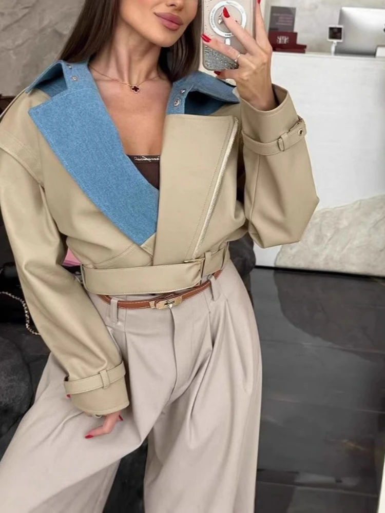 

Spring 2025 New Product - Color-Contrasting Striped Patchwork Leather Short Jacket for Women in Casual Style