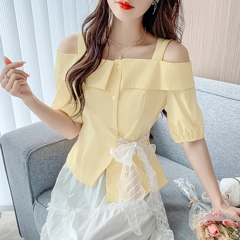 

​ Элегантный женский топ с одним открытым плечом, асимметричным коротким рукавом, кружевной завязкой на талии и эффектом утяжки, новинка лета 2026 ​