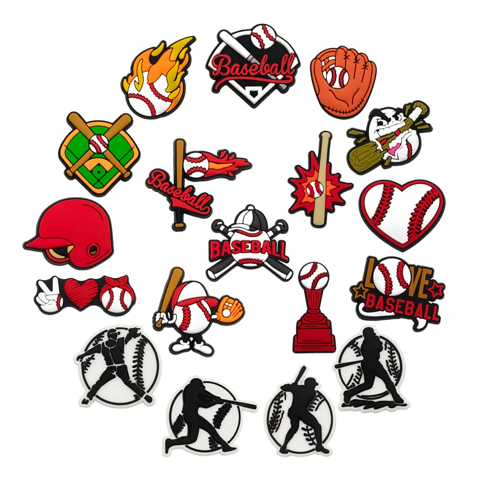 18pcs/set baseball Sports Ball Cap Bat Cool Cartoon competition Shoe Charm for Clogs Sandals Decoration Shoe Charms