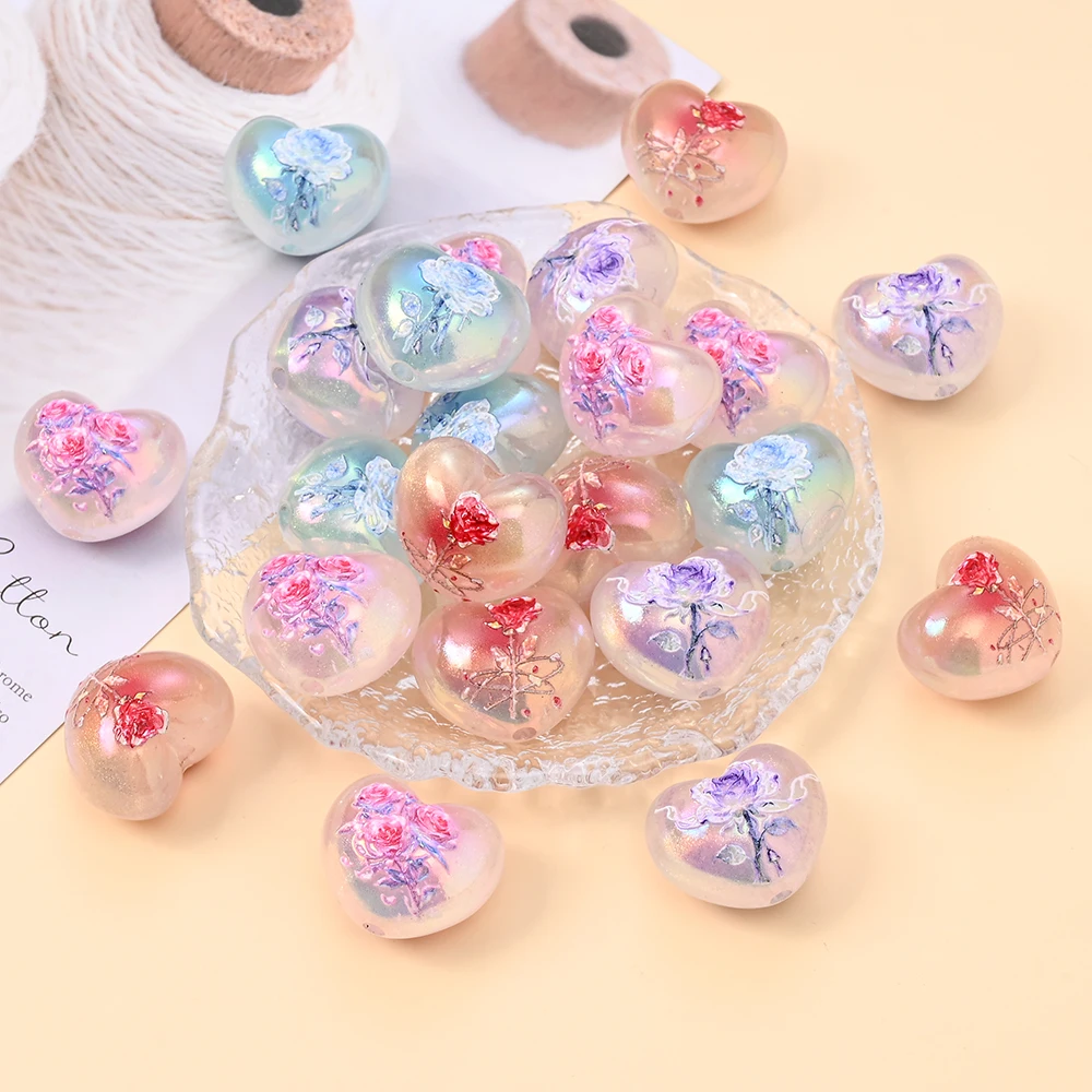 4Pcs Colorful Heart-Shaped Resin Beads With Rose Printed Beads For DIY Bracelets Necklaces Pacifier Chian Handmade Making
