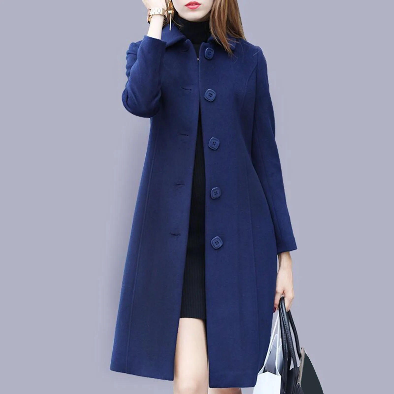 

Lady Fall Winter Woolen Coat Turn-down Collar Single-breasted Loose Mid Length Thick Keep Warm Overcoat for Commuting Dating Tra