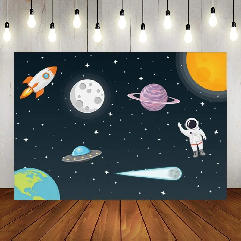 

Blue Outer Space Theme Photography Backdrop Happy Birthday Party Trip Around Sun Planet Galaxy Starry Background Banner Decor