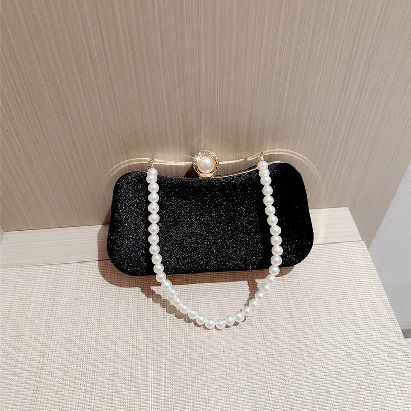 Velvet Evening Bag Fashion Beaded Handbag French Vintage Pearl Chain Shoulder Bags Luxury Designer Banquet Clutch Wedding Party