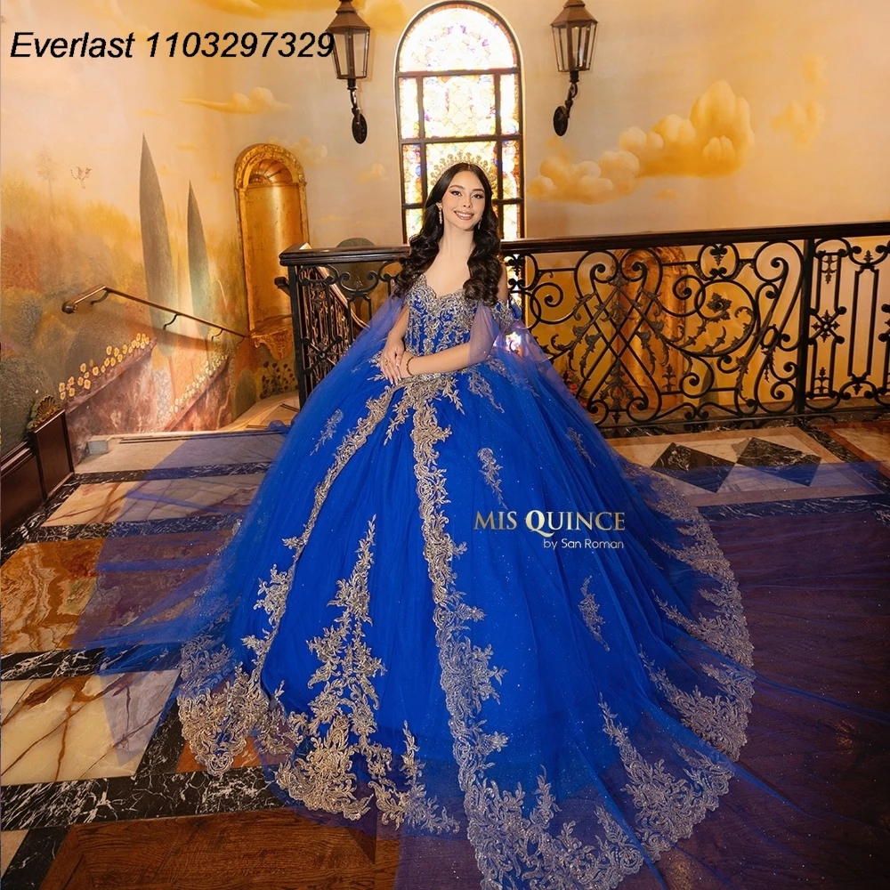 EVLAST Royal Blue Quinceanera Dress Ball Gown Gold Lace Applique Beads Cape Corset Sweet 16 Vestido De 15 Anos Customized QD1191