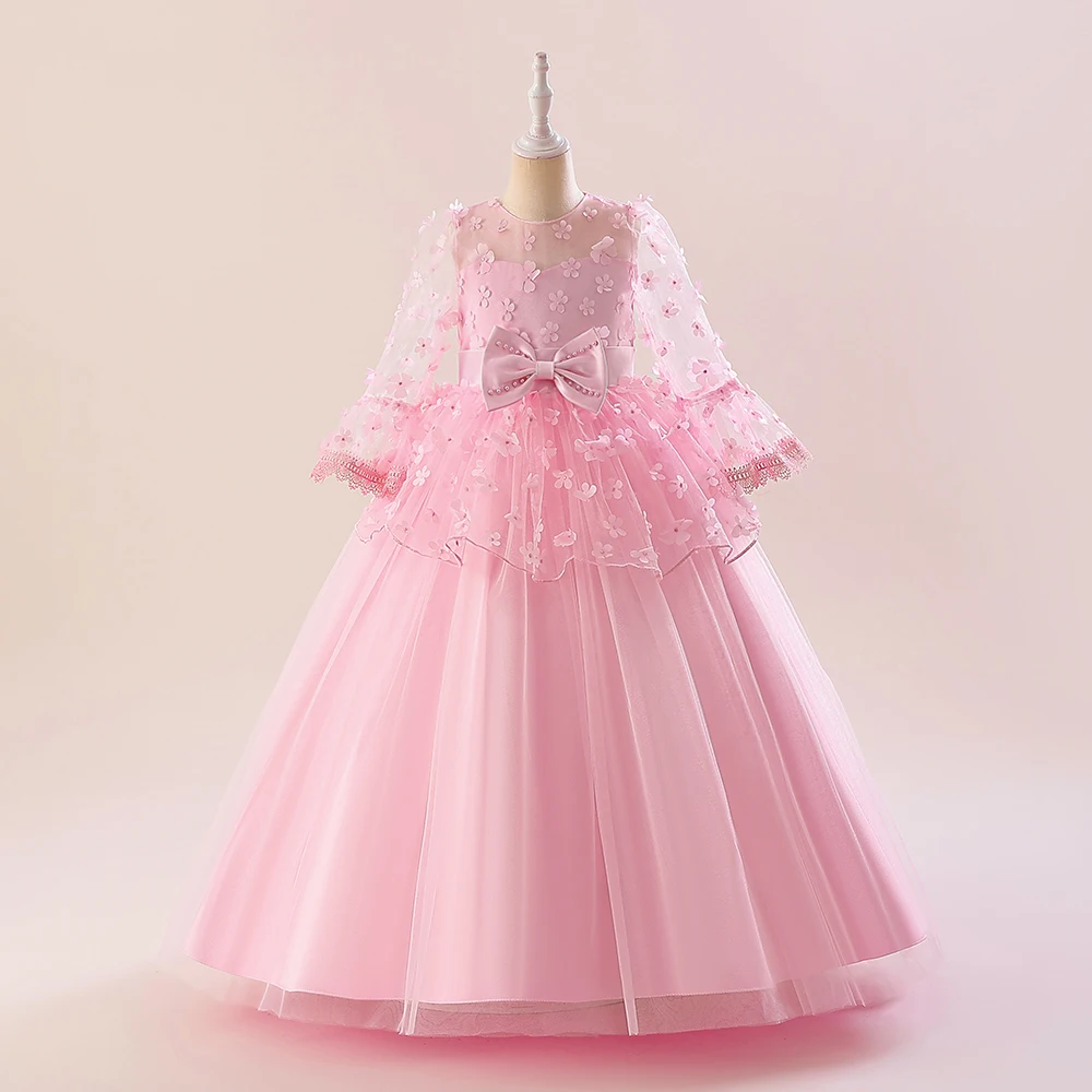Long Sleeve Baptism Bridesmaids Girls Dress Elegant Flower Wedding Party Princess Prom Dresses Girl Bow Birthday Evening Costume