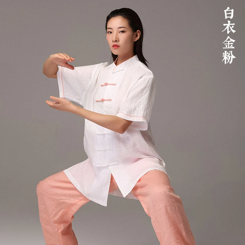 Linen Short Sleeve Tai Chi Uniform for Women Men Spring Summer Martial Arts Performance Competition Color Block Wear
