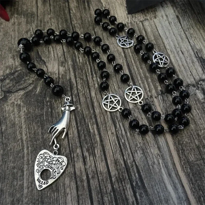 PERSONALISIERBAR Black Rosary with Ouija Planchette and Hand, Gothic Necklace, Black Magic, Occult Jewelry, Ghosts, Necklace