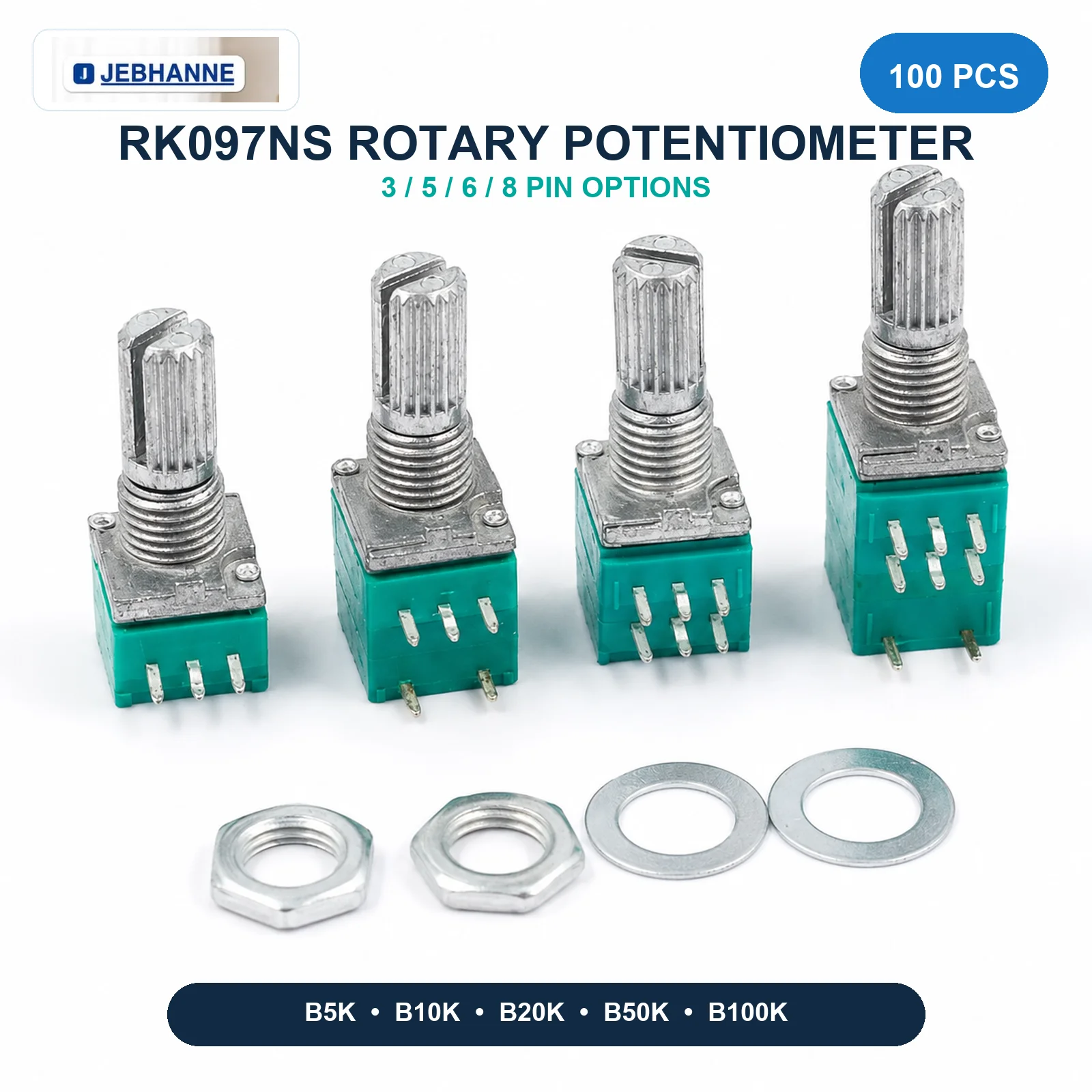 100個-rv097ns-rk097ns-ボリュームポテンショメーター-3-5-6-8ピン-抵抗値-b5k-10k-20k-50k-100k-調整可能なポテンショメーター-rk097n