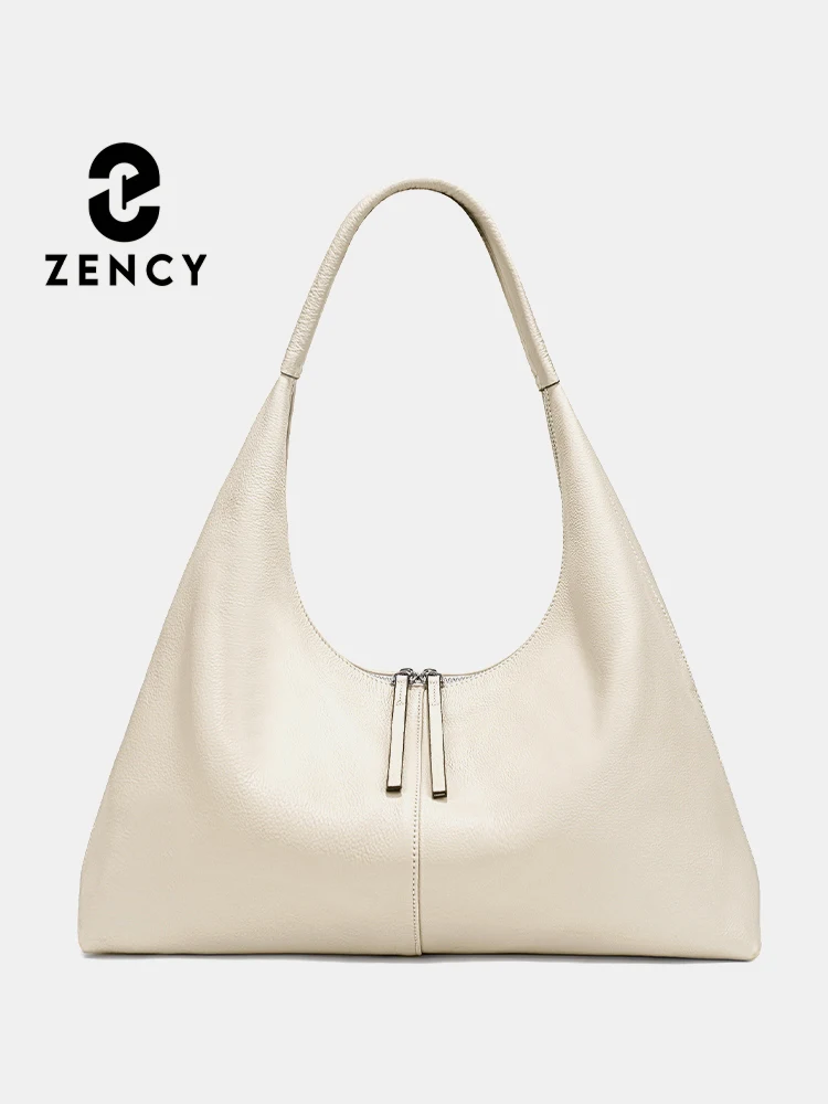 

Zency Women's Genuine Leather Beige Khaki Hobo Bag Designer Double Zippers Handbag Tote Large CapacityFashion Shoulder Bag Brand