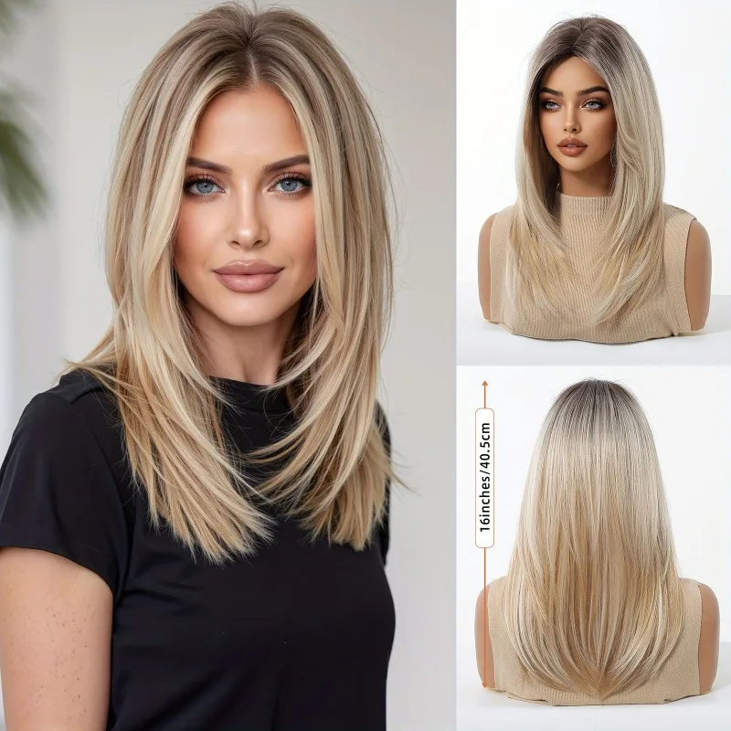 Perruque synthétique dorée mi-longue élégante, adaptée à diverses occasions et à un usage quotidien, accessoires de perruque