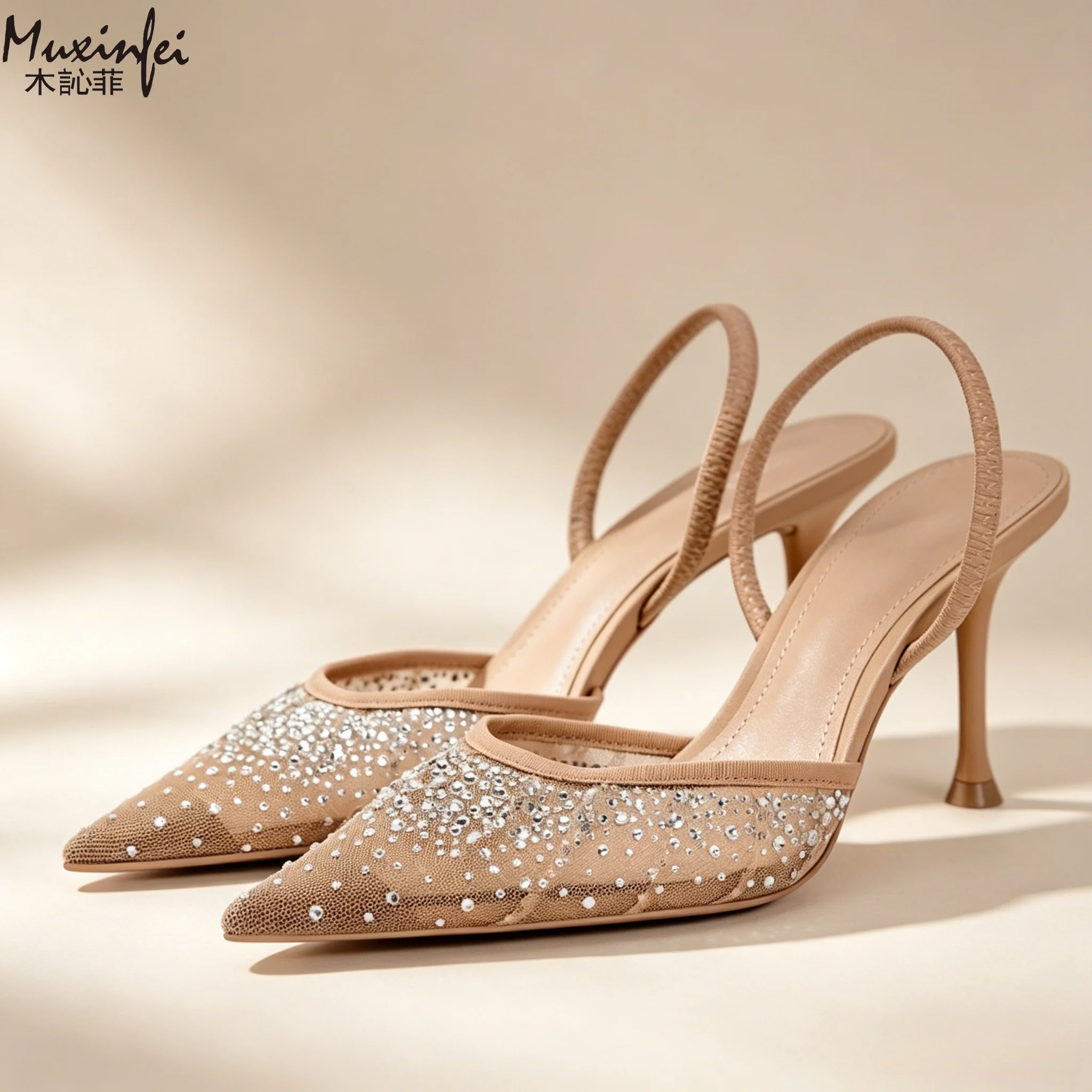 Frühlings-Damenschuhe, Aprikosenfarbene Mesh-Sandalen mit freiliegenden Absätzen, MÜLler-Schuhe, High Heels, Strass-Sandalen – Detail 2