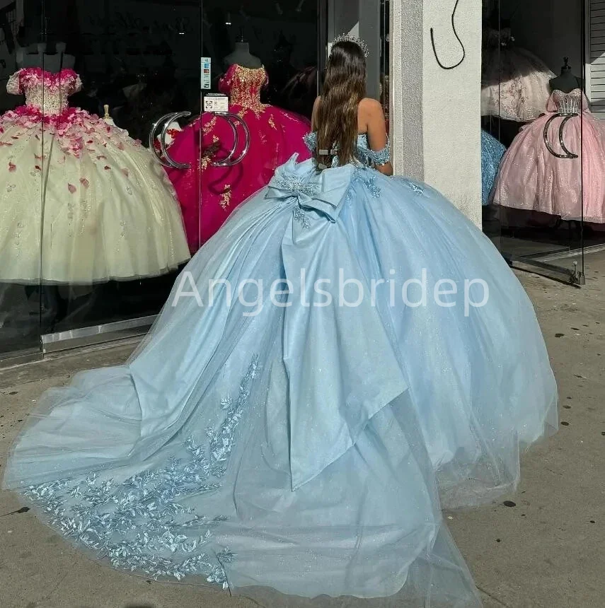 Angelsbride Sky Blue Lace Princess Ball Gown Quinceanera Dresses With Appliques Bow  Brithday Party  Vestidos De 15 Años