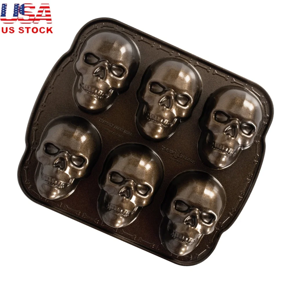 

Bronze Cast Aluminum Skull Cakelet Pan 5 Cup Nonstick Baking Mold Cakes Muffins Ice Molds Pizza Pockets 400°F Oven Safe