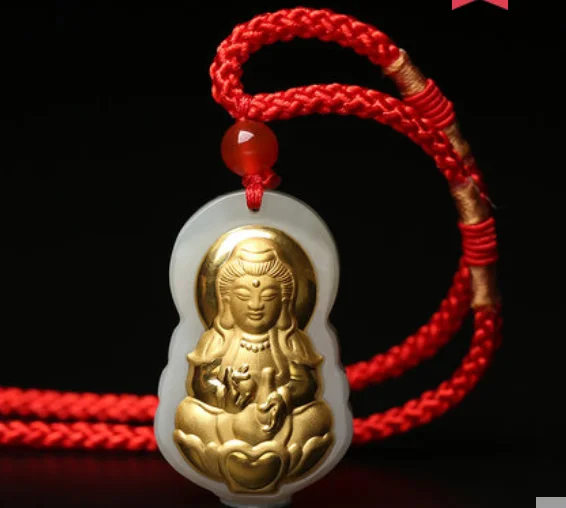 

Natural Hetian jade gold inlaid jade Guanyin Maitreya Buddha pendant men and women jade necklace guardian god jade pendant