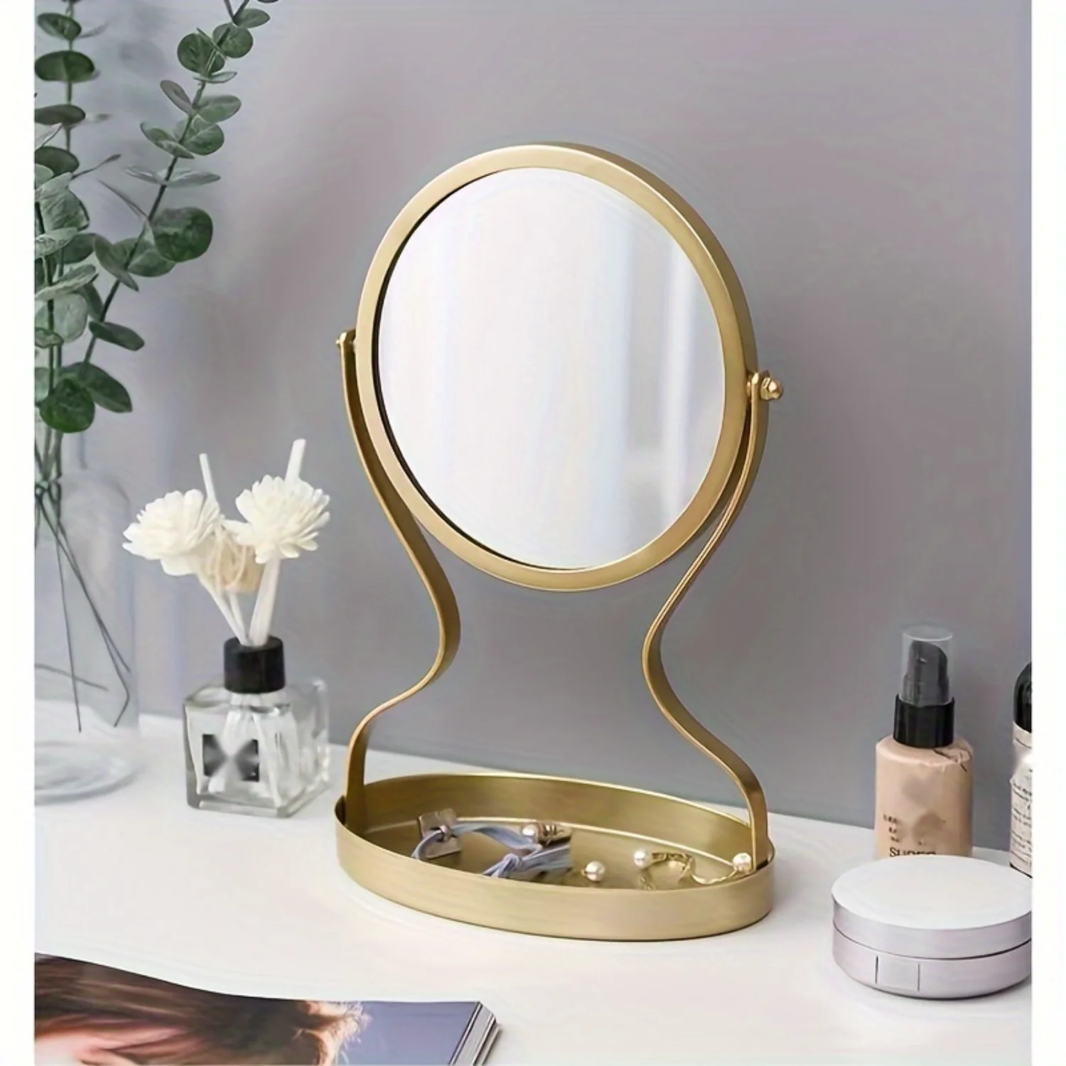 Nordic Style Makeup Mirror with Jewelry Organizer - Multifunctional Desktop Beauty Mirror for Bedroom Decoration - Elegant and F