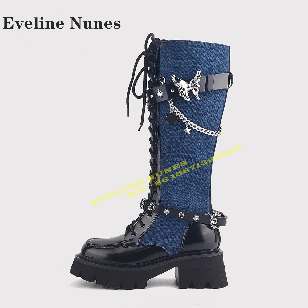 Gemstone Belt Buckle Cross Tied Western Boots Round Toe Tank Sole Metal Bow Chain Decoration Mixed Colors Knee High Boots 2024