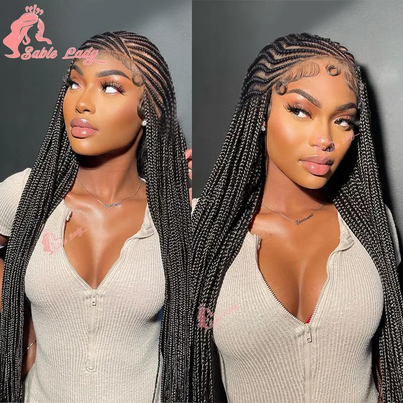 36 Inches Full Lace Cornrow Braided Wigs Handmade Synthetic Long Knotless Box Braided Wig Lace Front Braids Wigs for Black Women