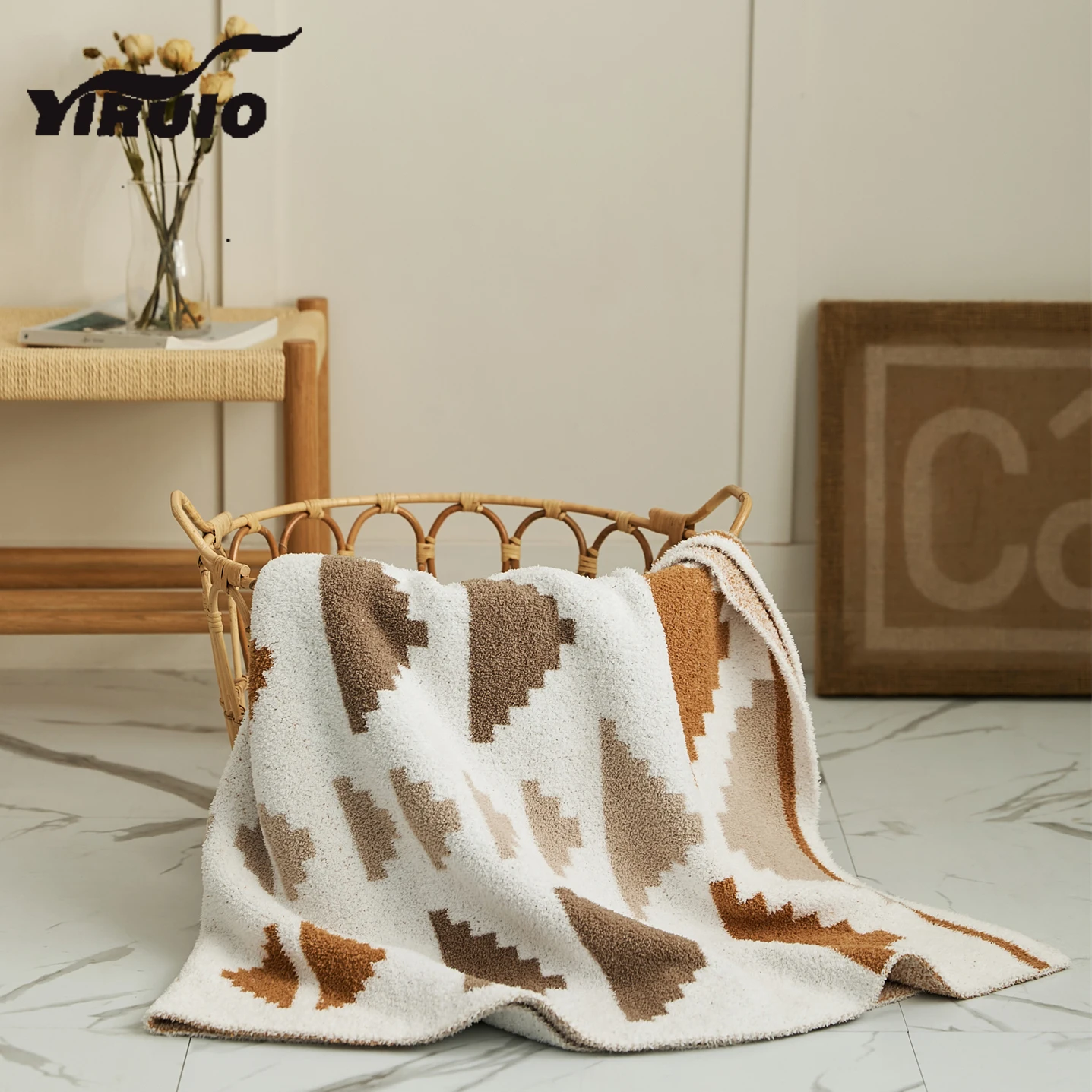 YIRUIO Downy Beige Blanket With Colorful Hills Jacquard Cozy Soft Warm Microfiber Knitted Decorative Throw Blanket For Bed Sofa