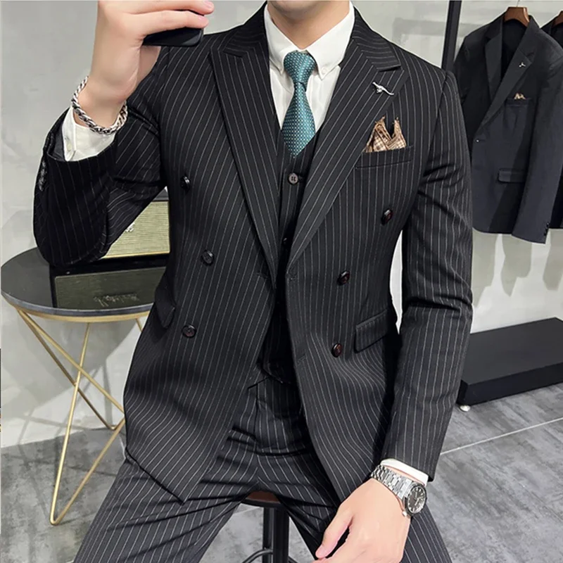 2024 Fashion New Men\'s Boutique Business Slim Wedding Striped Double Breasted Suit Blazers Jacket Pants Trousers Vest 3 Pcs Set