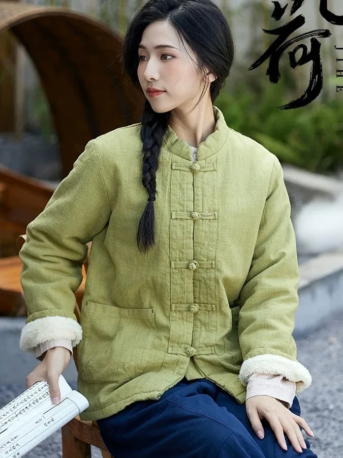 

Autumn Winter Women's Thiened Cotton Woolen Coat Chinese Sle Stand Collar Button Casual Zen Clothes Cotton Linen Patchwor...
