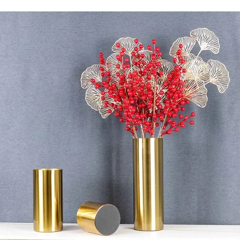 Gold-plated Brass Cylinder Vase Artificial Flowers Decorative Flower Arrangement Desk Decoration Minimalism Metal Floral Vases
