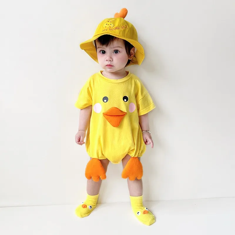 Summer new style baby bag with bib, cute little yellow duck for boys and girls, super adorable short-sleeved shirt for newborns view 4