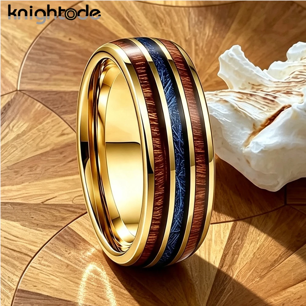 8mm Tungsten Carbide Couple Rings with Wood Inlay And Blue Meteorite Comfort Fit Wedding Bands for Men And Women Engagement Jewe