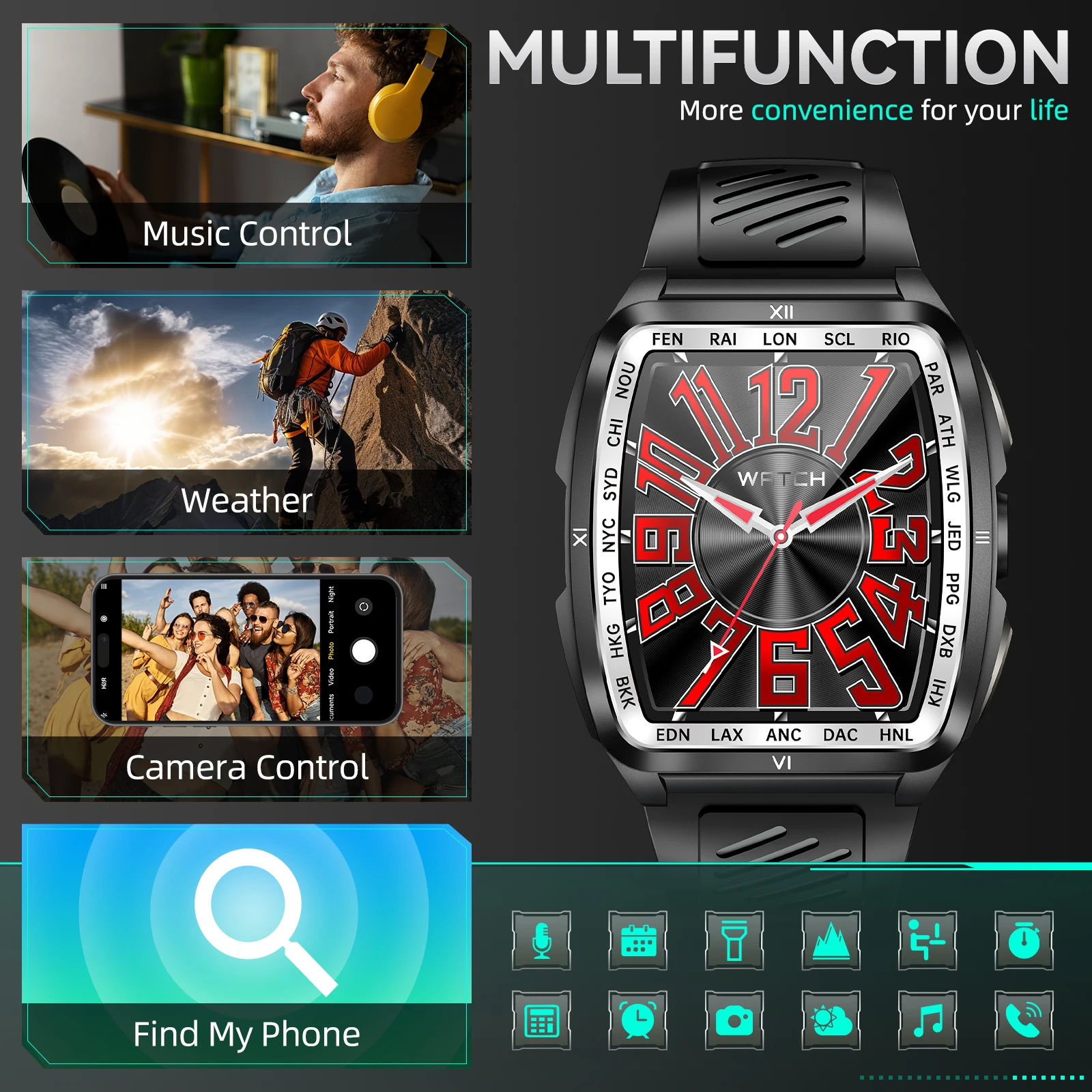 EIGIIS 2025 남성용 스마트워치 LED 플래시라이트 5ATM 방수 1.8인치 대형 화면 견고한 전술 시계 100+ 스포츠 모드