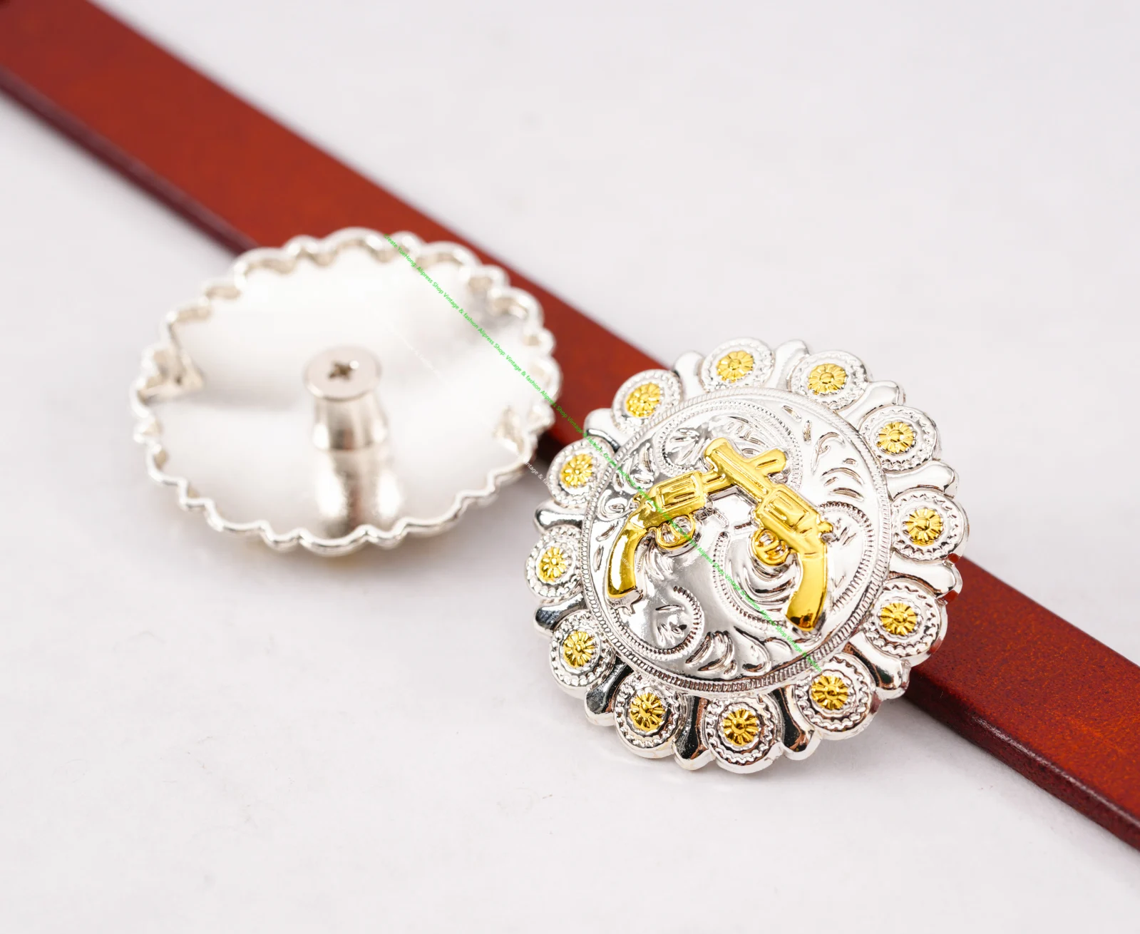 5X38mm Bling srebrny zachodni złoty pistolet pistolet krzyżowy skórzany pasek koński Headstall siodła pinezki Conchos zachodni pasek wystrój — zdjęcie 7