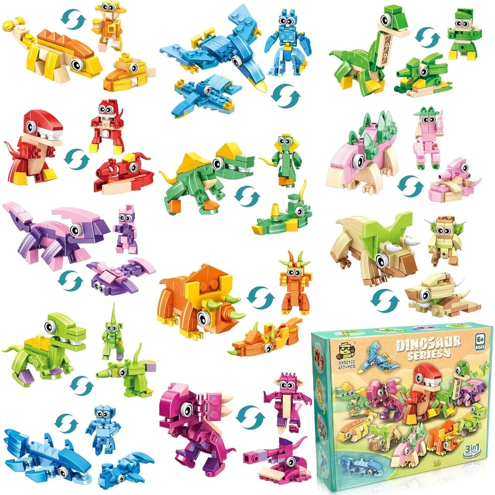 

12 Packs Dinosaur Party Favors for Kids - 417 PCS Mini Dinosaur Building Blocks Set Toys for Boys Kids Easter Stuffers Fi