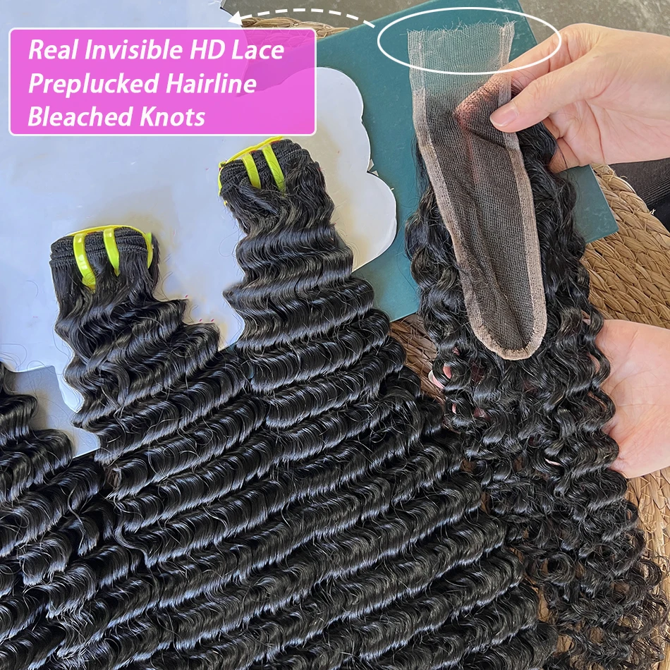 

Глубокие вьющиеся пучки человеческих волос с двойной прорисовкой и кружевной застежкой 2x6 HD, отбеленные узлы # 1B Наращивание необработанных натуральных человеческих волос