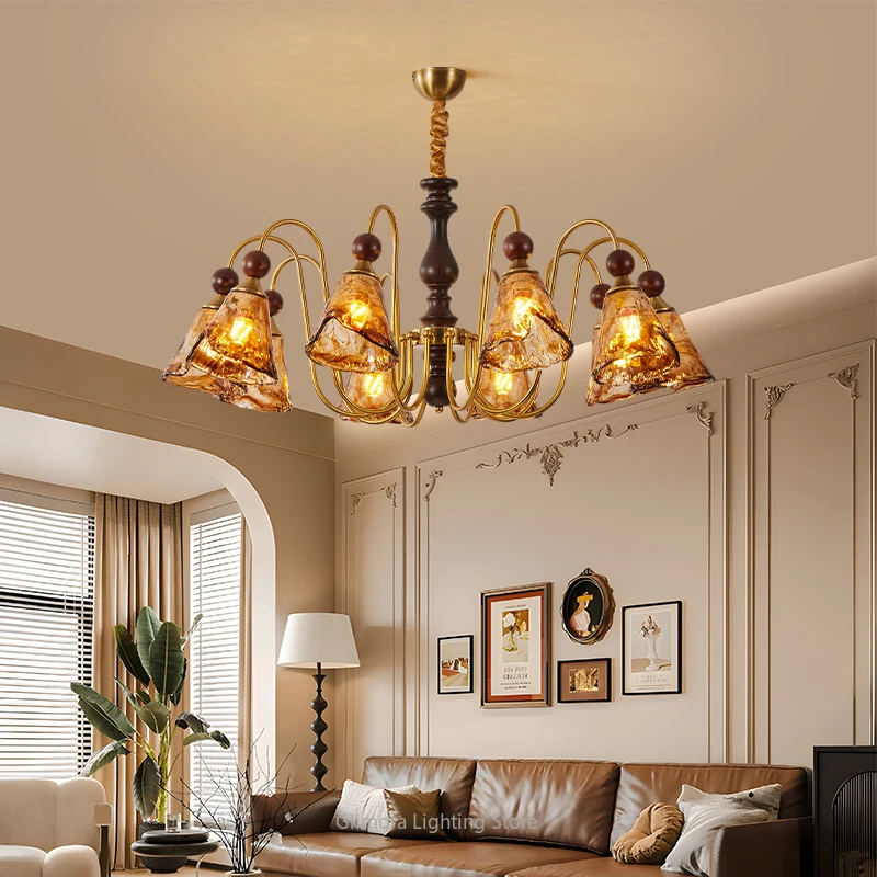 

Французская люстра для гостиной, новый меламиновый ретро-подвесной светильник из цельного дерева для главной спальни, столовой, стеклянный светильник