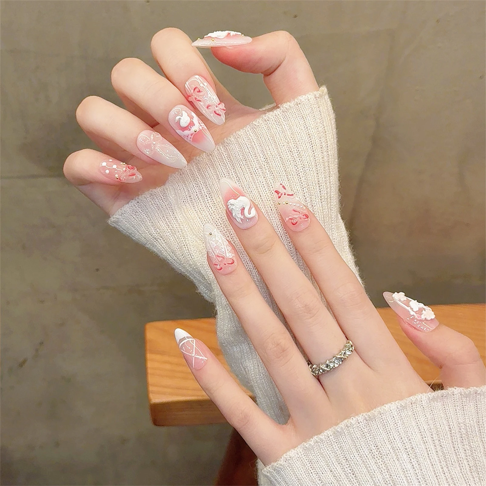 Handmade Press on Nails Light Pink Almond False Nails with 3D White Swan Decor Sweet French Fake Nail Tips for Girls Wearable